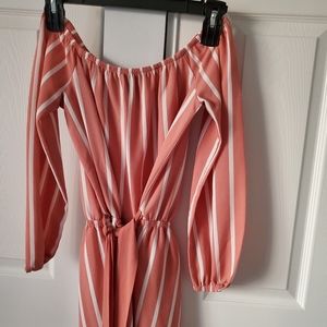 Pink stripe off the shoulder with sleeves romper size medium